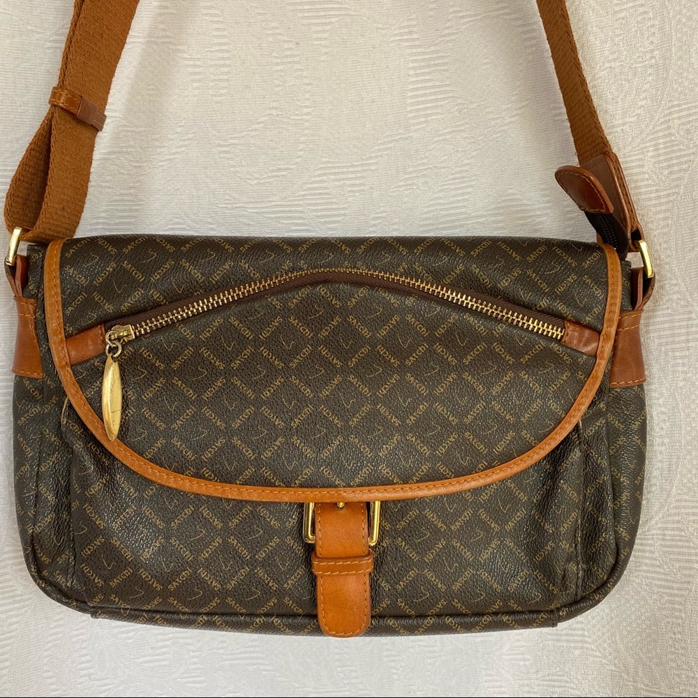 Satchi brown logo crossbody purse with cognac leather trimmed